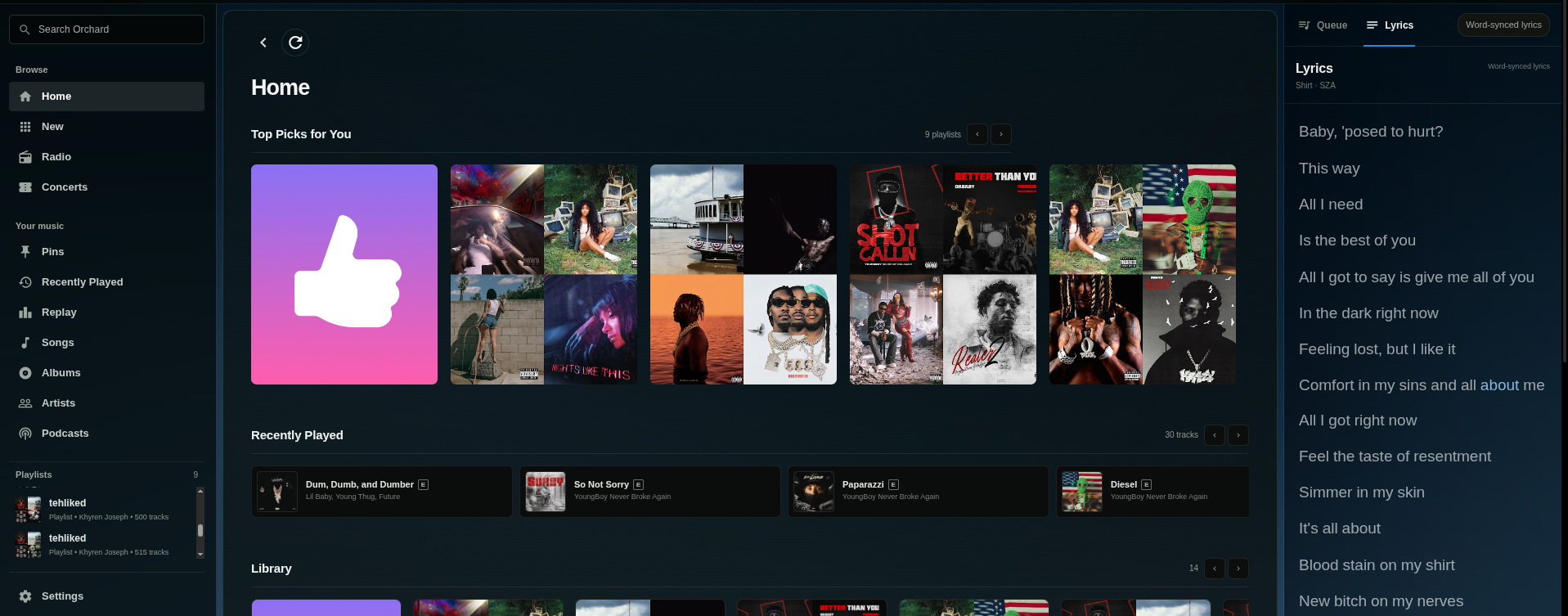 Orchard desktop music client showing home recommendations, queue access, and word-synced lyrics