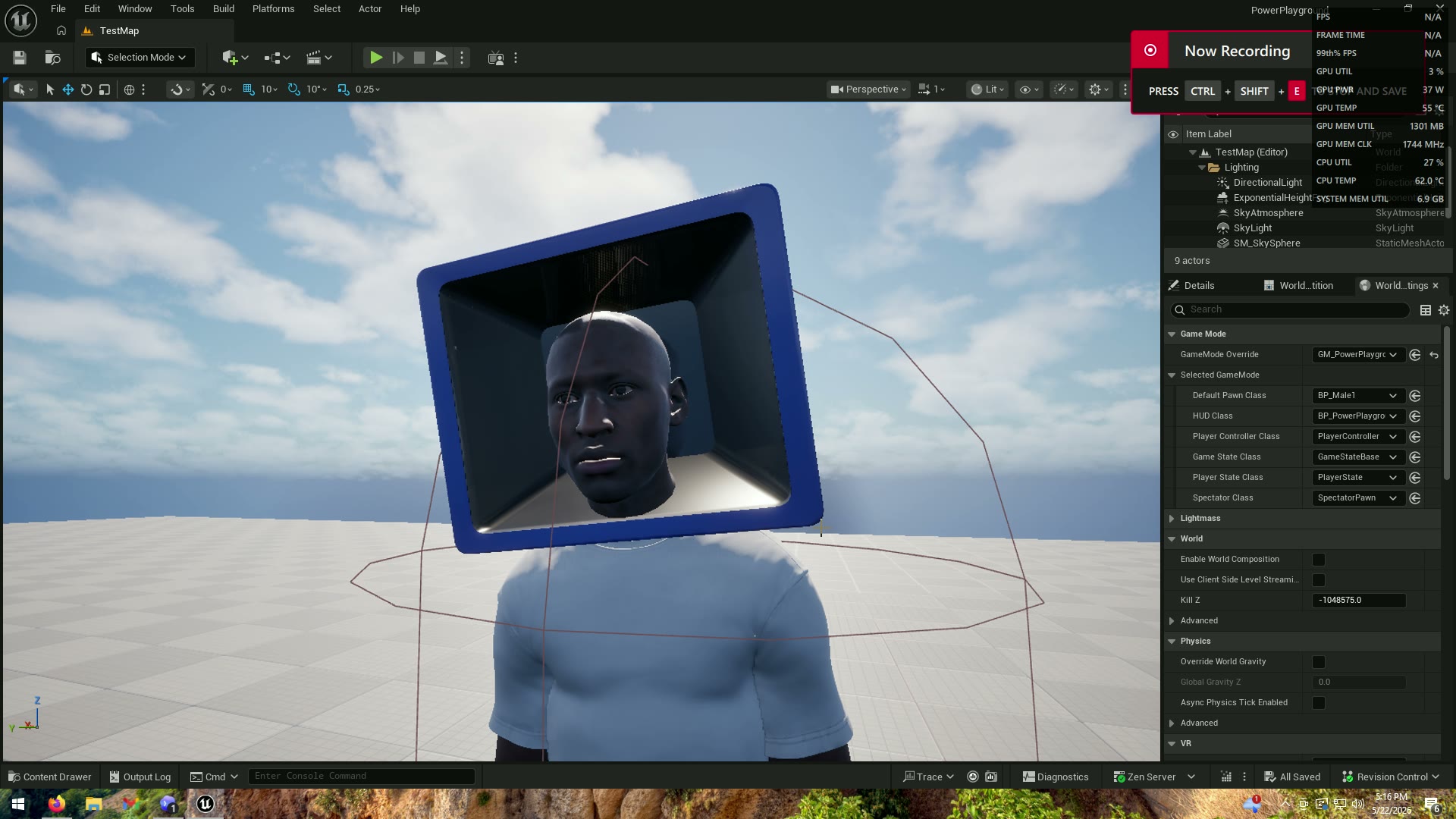Early Power Playground test scene open in Unreal Engine 5